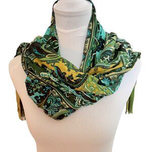 Chicos Peacock Paisley Print Scarf Oblong Eyelash Fringe Summer Spring Turquoise